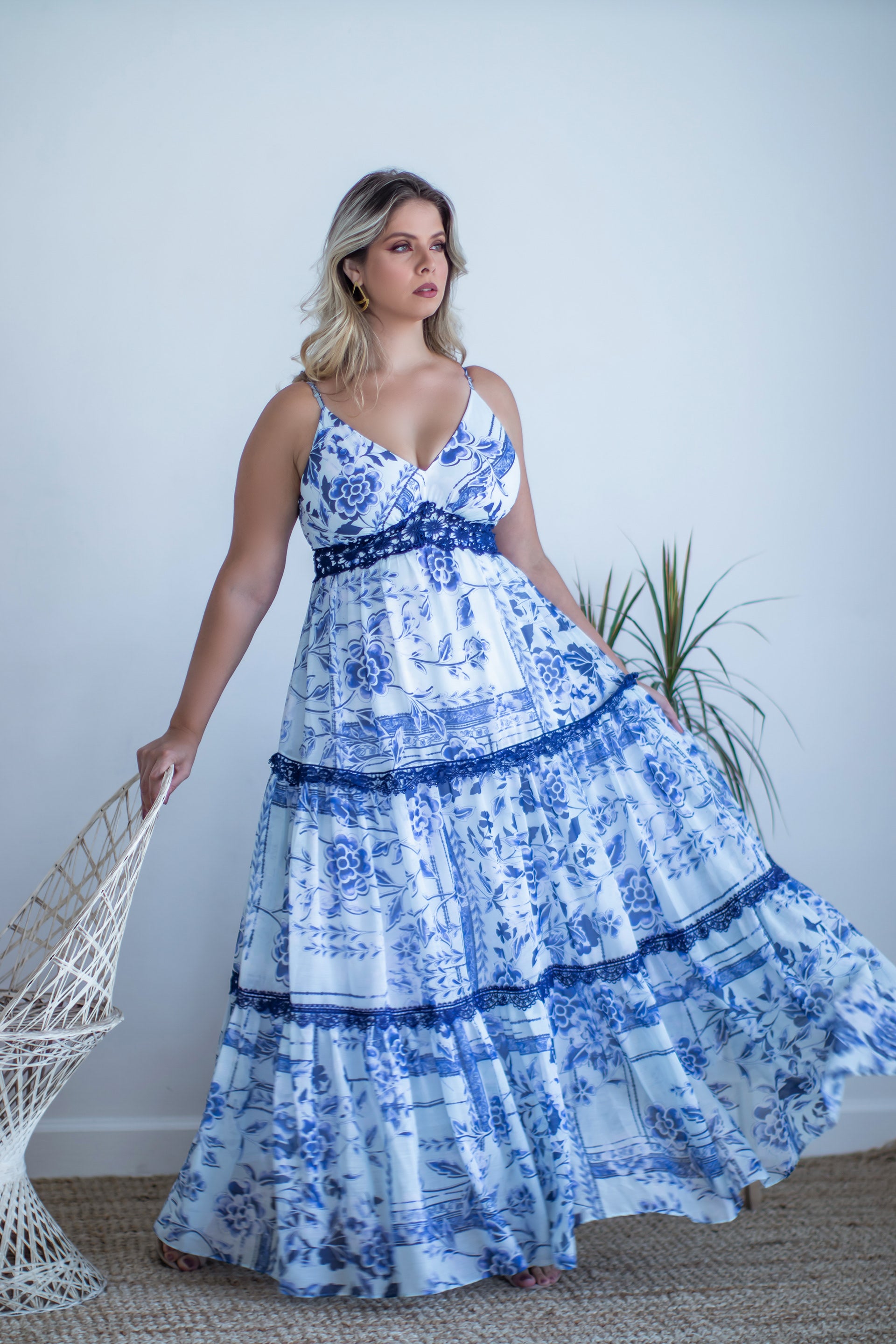 Divine Heritage Blue Floral Tiered Maxi popular Dress S