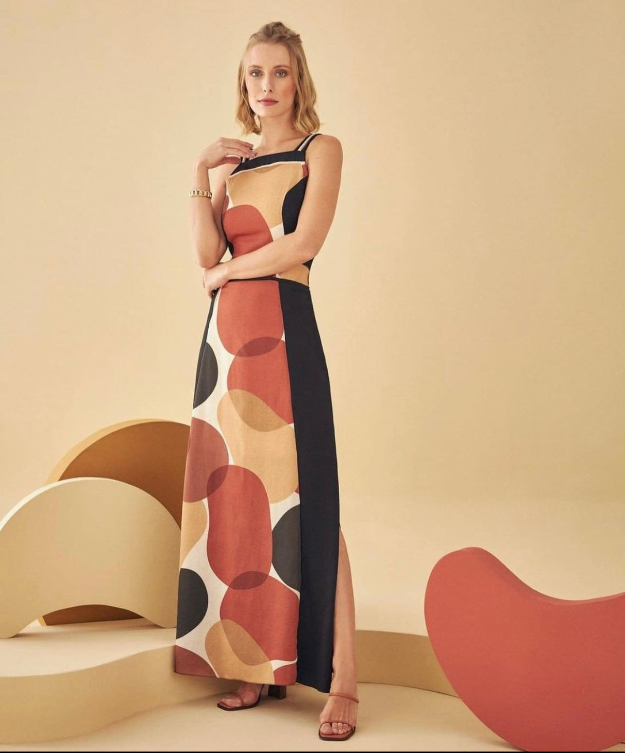 OLENA Abstract Print Double-Sided Slit Maxi Dress