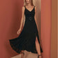 ROCHELLE Sleeveless V-Neck Sheer Black Midi Dress