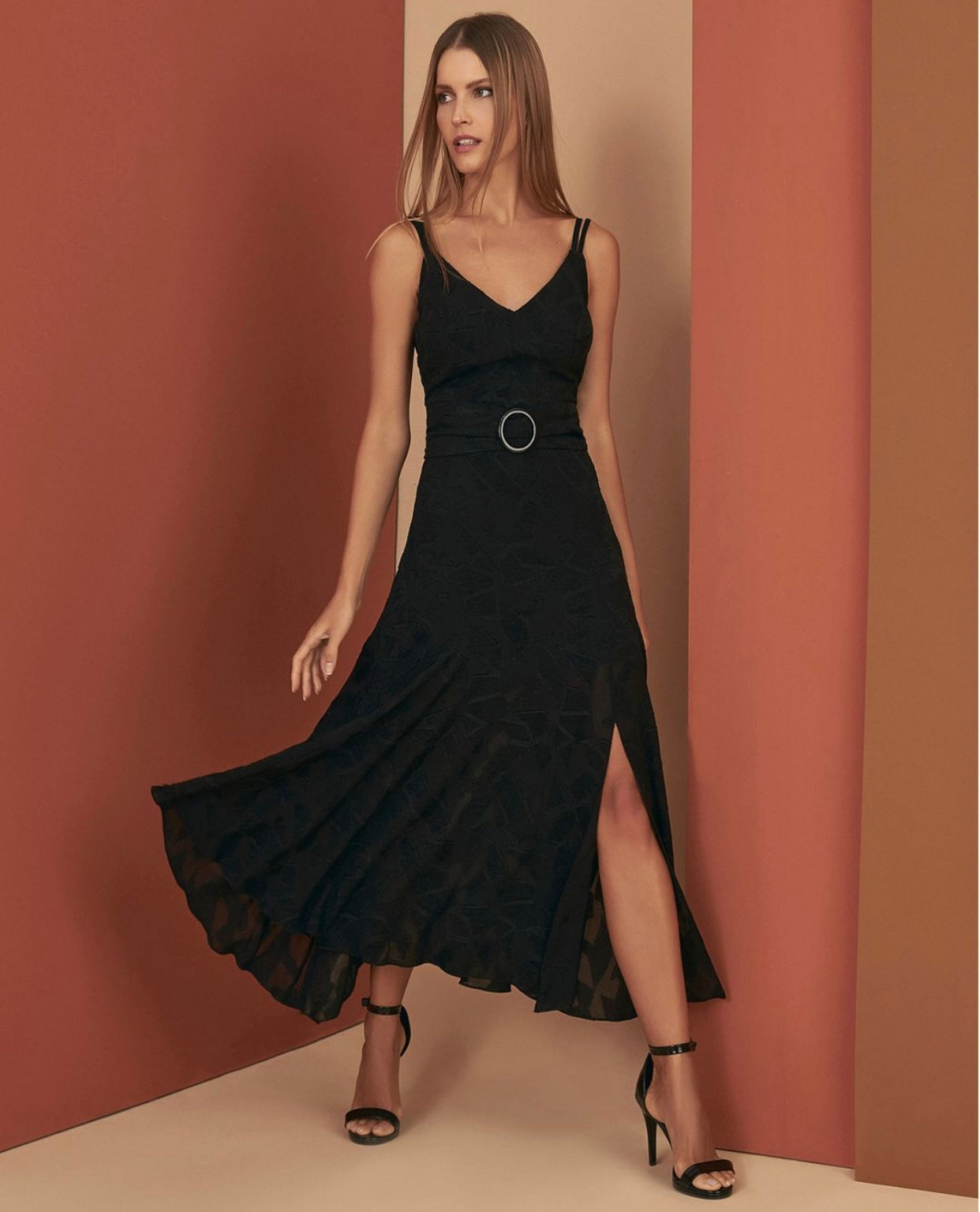 ROCHELLE Sleeveless V-Neck Sheer Black Midi Dress