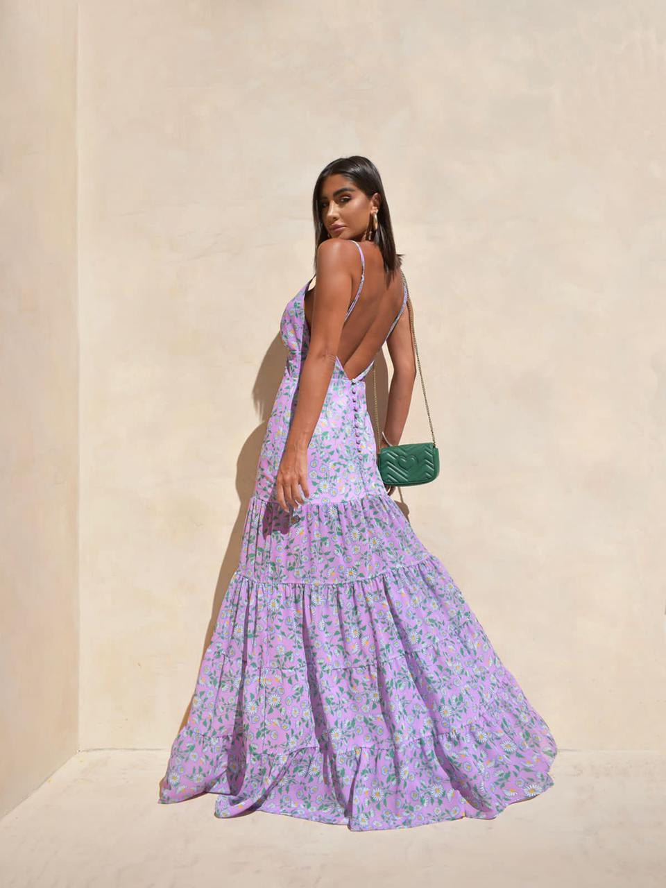 VIVIAN Backless V-Neck Spaghetti Strap Floral Maxi Dress - FINAL DRESS