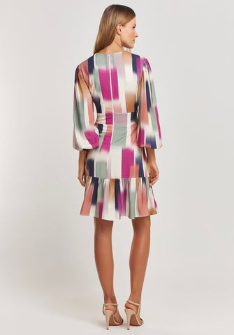 ZOE Abstract Print V-Neckline Bishop Sleeves Tiered Mini Dress - FINAL DRESS